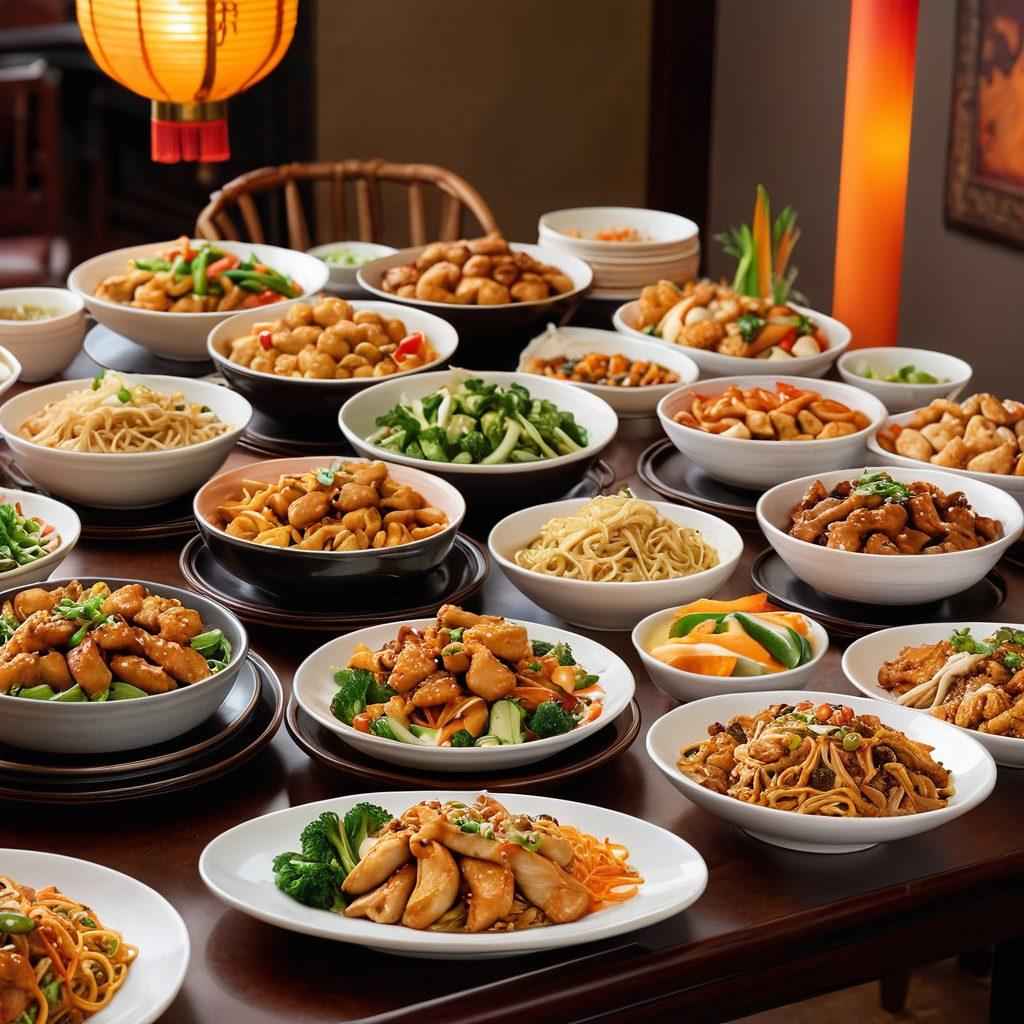 A beautifully arranged table featuring a vibrant selection of Panda Express dishes, including Orange Chicken, Chow Mein, and fresh vegetables, elegantly presented with colorful garnishes. The setting includes warm lighting with hints of bamboo decor, evoking an inviting and relaxing atmosphere. In the background, subtle hints of Chinese cultural elements, like lanterns and chopsticks, add authenticity. super-realistic. vibrant colors. warm lighting.