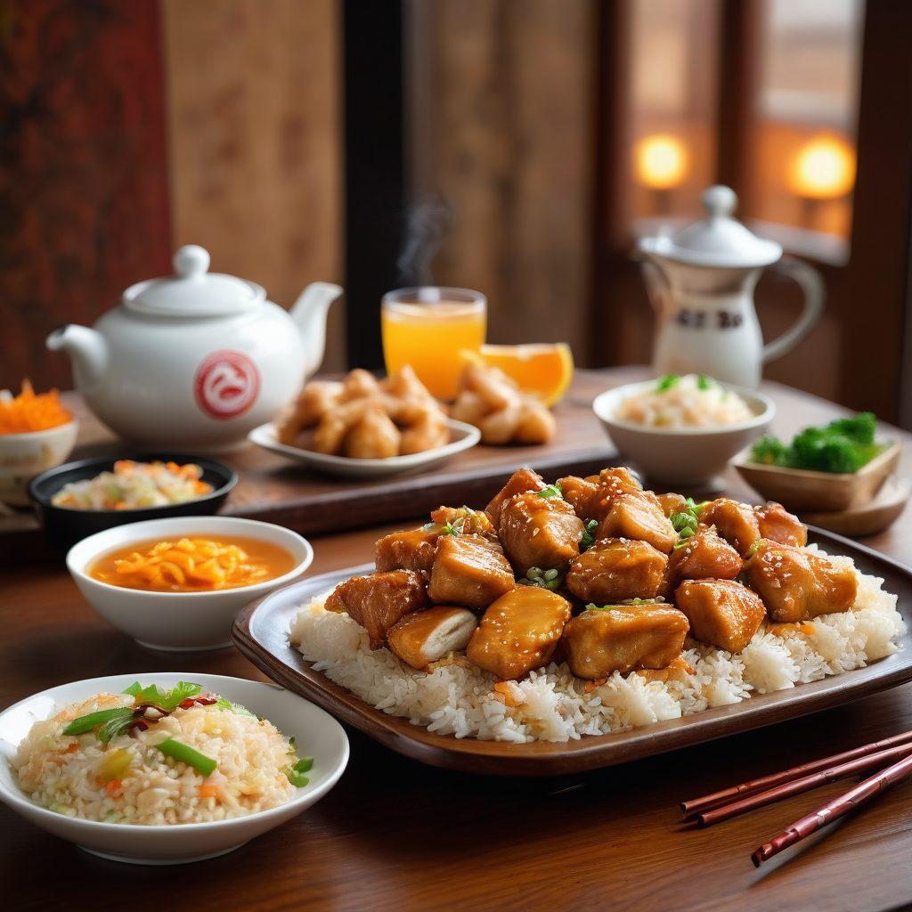 A colorful display of Panda Express dishes, featuring vibrant orange chicken, steaming fried rice, and fresh spring rolls, beautifully plated on a rustic wooden table. In the background, chopsticks and a traditional Chinese tea set to enhance the cultural flavor. Soft glowing lights create a warm, inviting atmosphere for food lovers. super-realistic. vibrant colors. 3D.