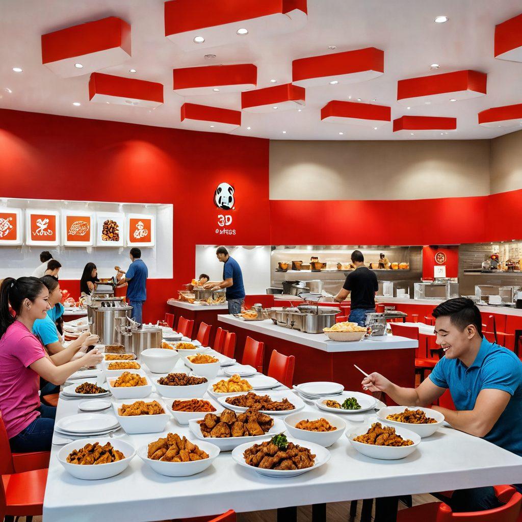 A vibrant, spacious Panda Express restaurant showcasing a buffet of gourmet dishes like orange chicken and Beijing beef, beautifully plated in elegant white dishes. In the foreground, a cheerful family enjoys their colorful meal at a sleek modern table, while the interior features bamboo decor and bright red accents. The warmth of the setting invites curiosity and indulgence in culinary exploration. super-realistic. vibrant colors. 3D.